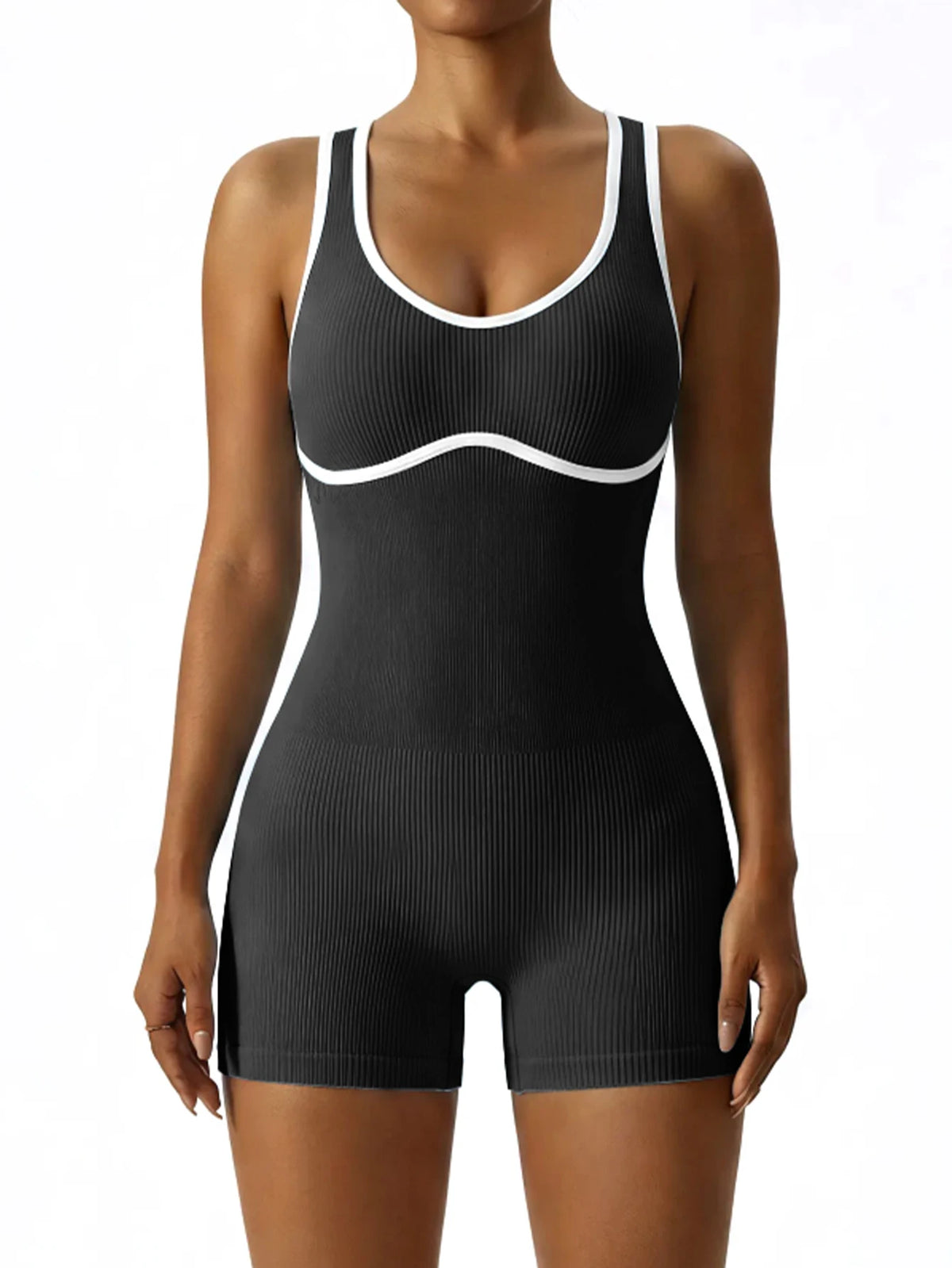 Sleeveless Contrast Trim Backless Yoga Romper Seamless Body Shaping Sport Jumpsuit for Running Training