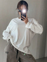 Women Basic Long Sleeve Loose O-neck T-shirt Autumn Winter Solid Color Tee Top Streetwear