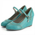 2026 Small Big Size 32-48 Vintage Green 7cm High Heels Wedges Pumps White Red Comfy Walk Summer Mary Janes Brogue Shoes Women