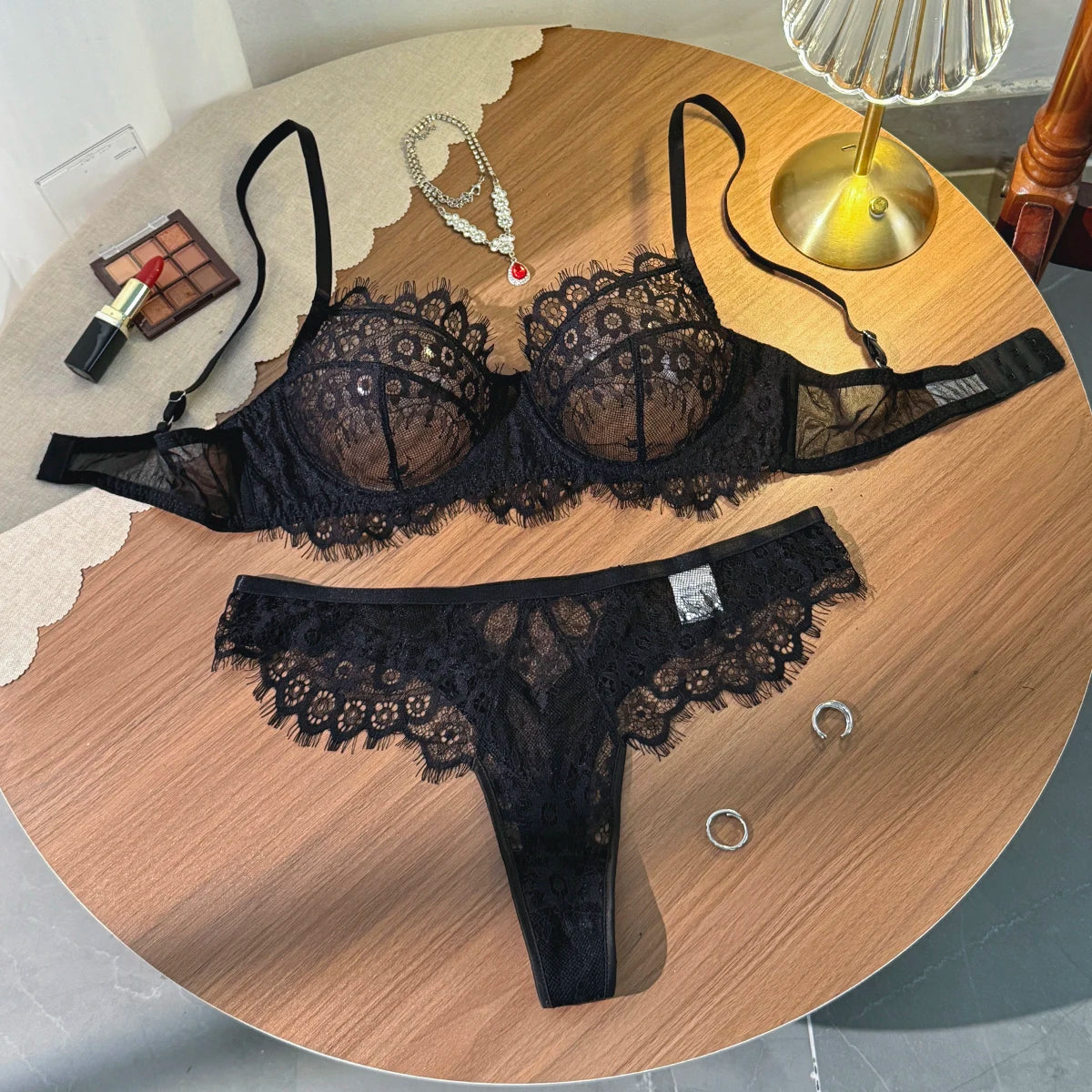 Black Lace Bra and Panty Set – Sexy Sheer Mesh Push-Up Bralette with Scalloped Edges + Thong Lingerie – Romantic Valentine’s Day