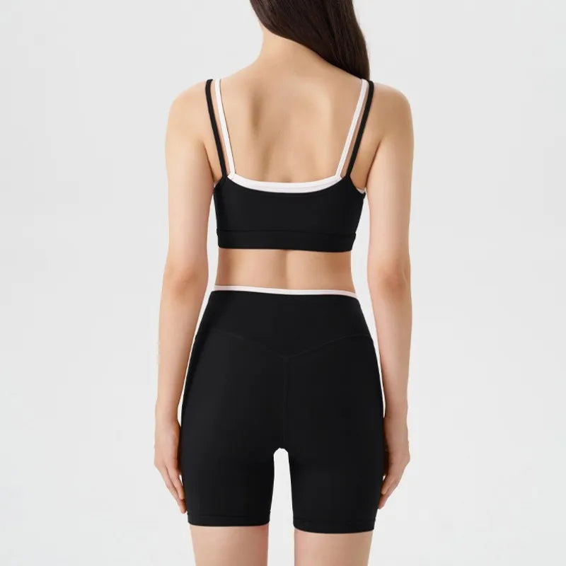 Women's 2-piece Yoga Set Fake Two-Piece Color-Block White Stripe Camisole Running Sports Bra Shorts Yoga Outfit Set