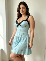 European and American large size elastic body-hugging halter neck sleep dress, blue, floral pattern, lace trim, women's casual,