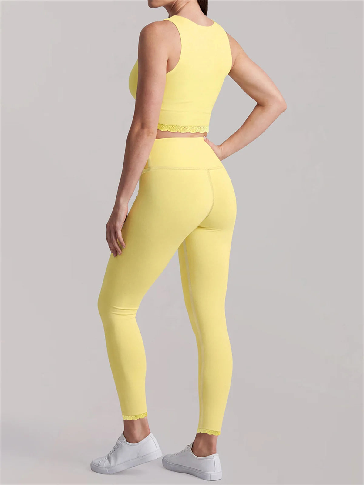 Fake Two Piece Tank Top Yoga Sets Women Lace V Neck Sports Vest Fitness Suit Hip Lifting High Waist Leggings Workout Clothes