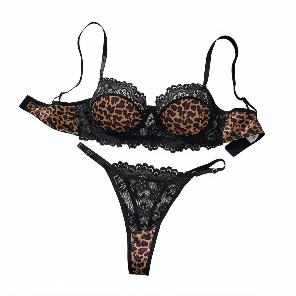 Classic Leopard Print Black Lace Lingerie Set Underwire Bra With Matching Thong Women Sexy Intimates ZA825182