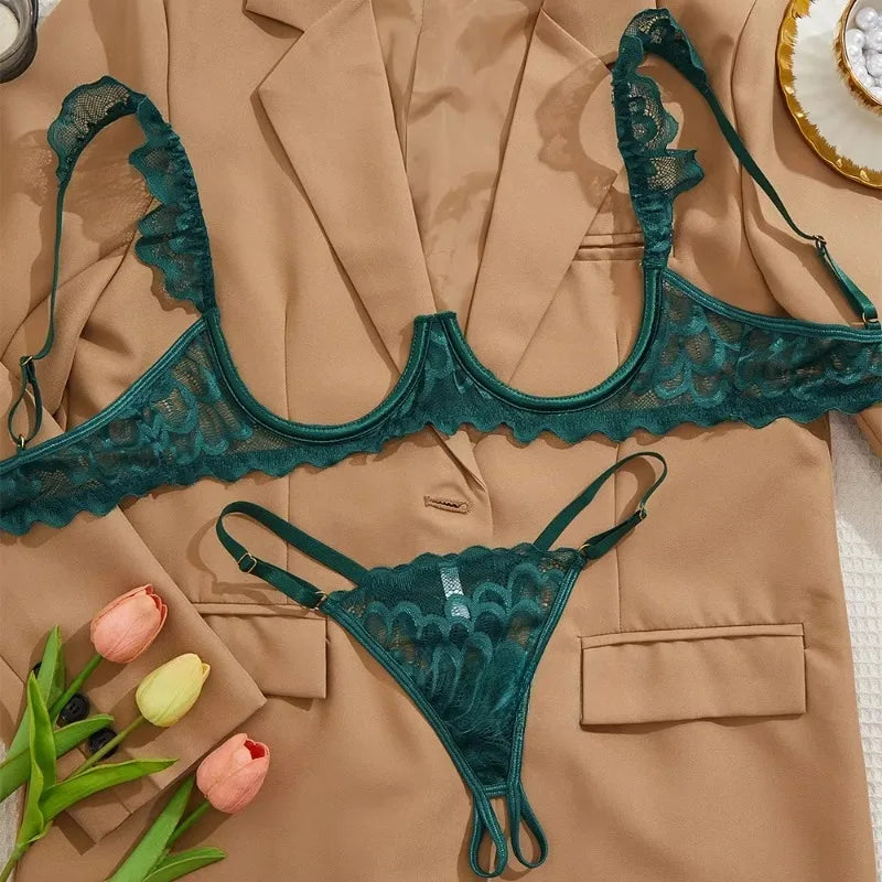 2 Piece Set Sexy Interesting Underwear Set for Women Solid Color Lace Mesh See-through Bra Exotic Sexy Lingerie Set