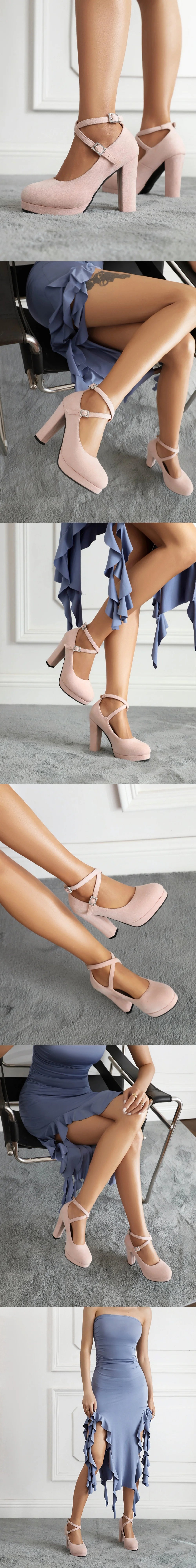 2026 Plus Size 43 Elegant Pink Cross-strap Pumps Office Lady Classic Black High Heels Shoes Women Purple Platform Party Shoes