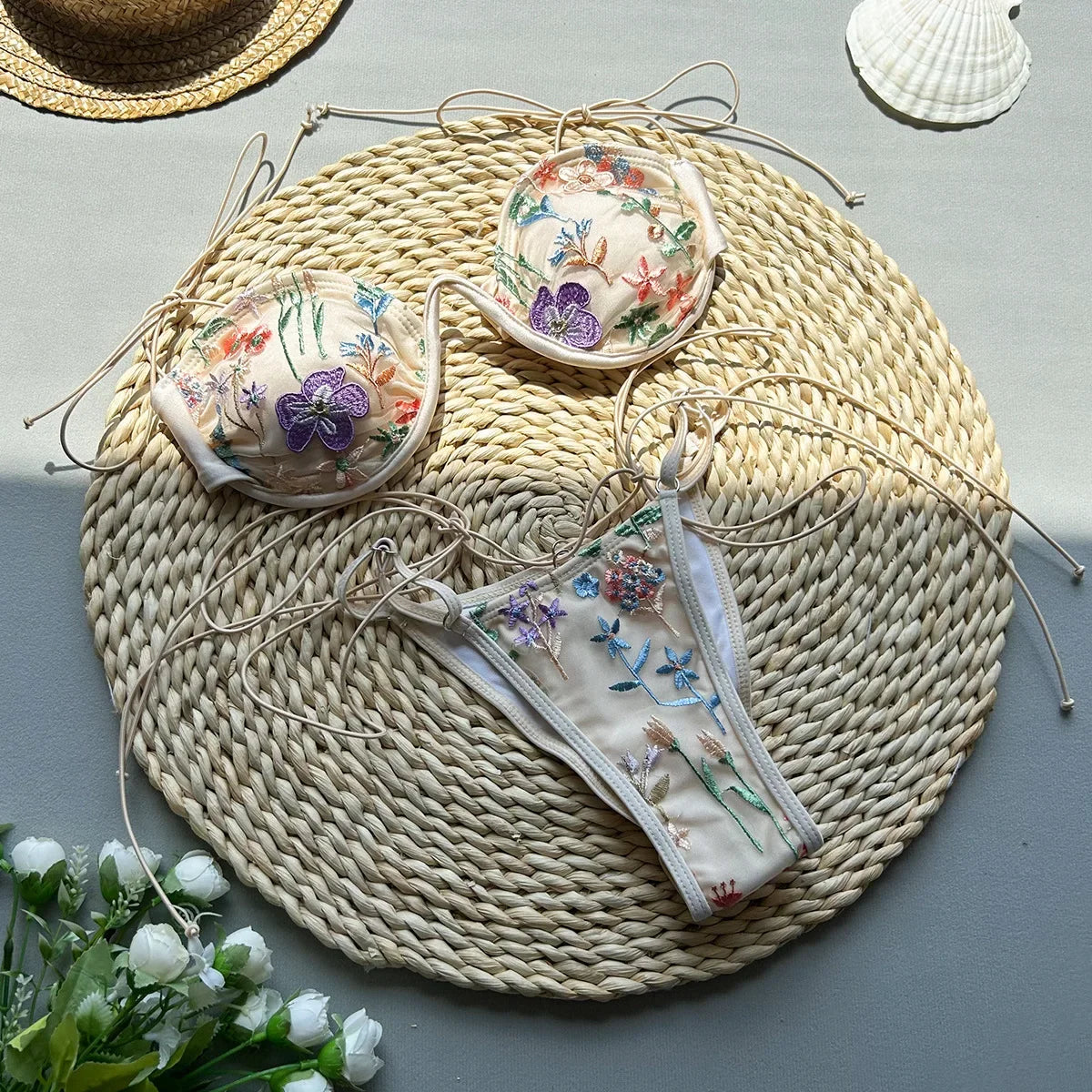 Sexy Pink Flower Embroidery Print Swimsuit Women 2025 Sexy Underwire Drawstring Bikini Set Summer Beach Bathing Suit Swimwear