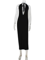 Ahagaga Fashion Halter Women's Maxi Dresses Solid Deep V-Neck Sleeveless Blackless Bandage Sheath Bodycon Party Vestidos Robes