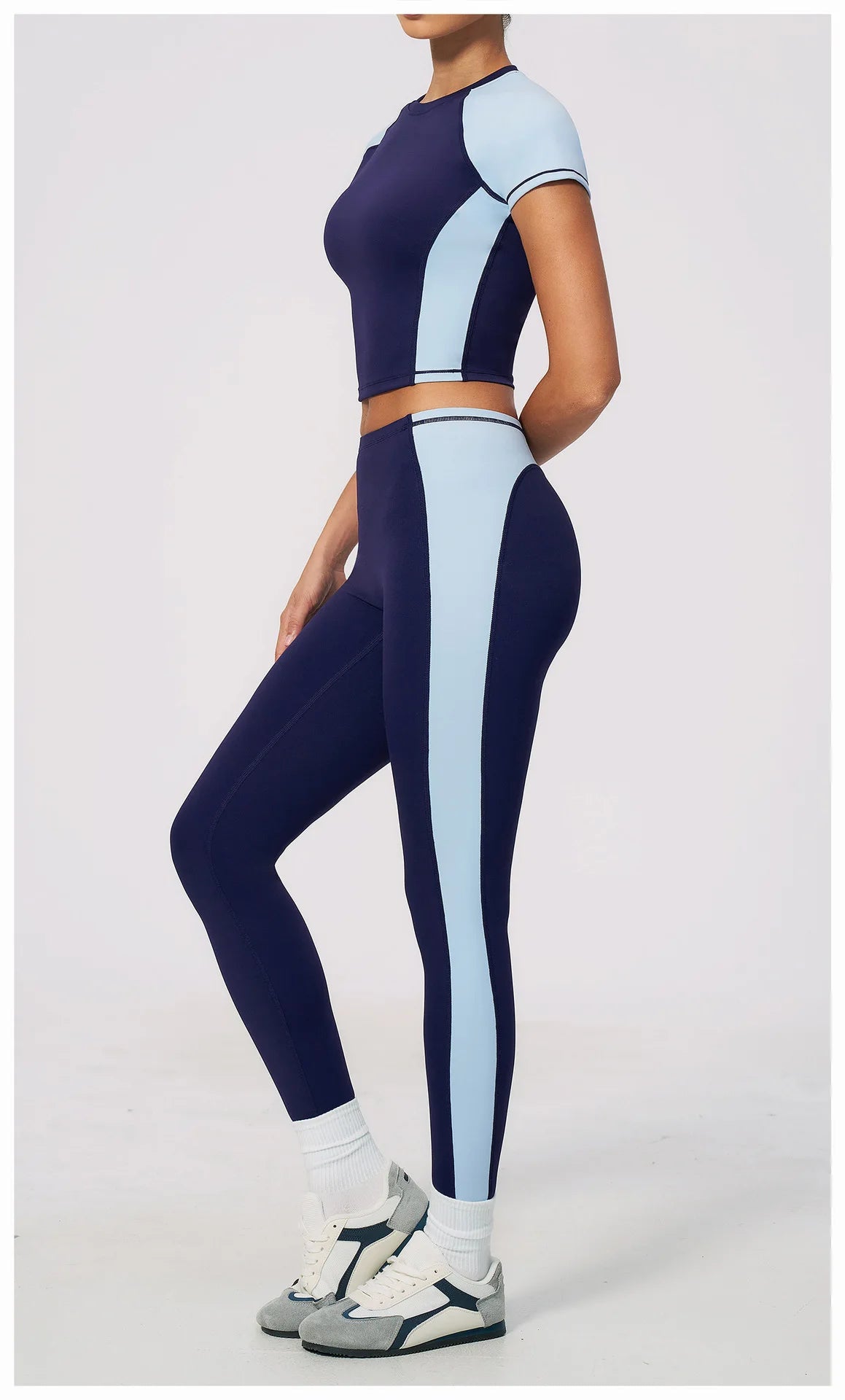 Nake Yoga Set Women's Tracksuit Color Contrast Short Sleeve Slim Sports T Shirts High Waist Leggings Fitness Clothes Gym Outfits