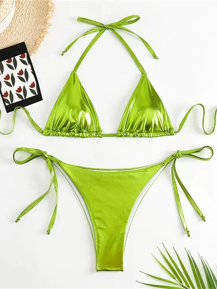 Sexy Brozing Gold Bikinis Sets Women Push Up Micro Bikini Swimsuit 2026 Brazilian Beach Bathing Suit Tie Side Triangle Swimwear