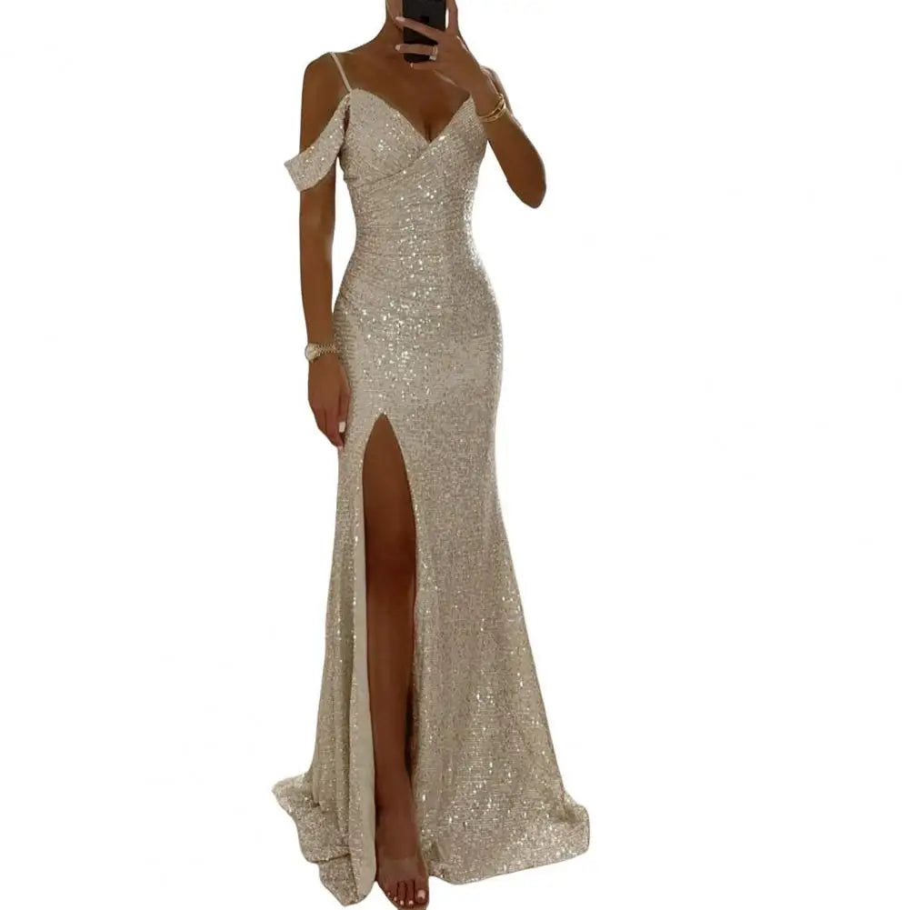 Women Evening Dress Off Shoulder V Neck Side Slit Floor Length Sequin Ball Gown Sleeveless Prom Wedding Party Banquet Maxi Dress