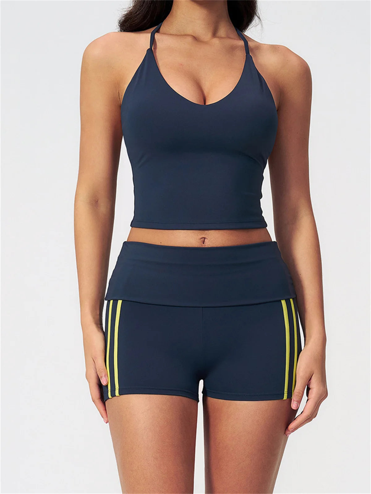Color Blocked Yoga Suit 2 Pieces Women Slim Sports Tank Top High Waist Leggings Shorts Outfit Tight Outdoor Running Fitness Suit