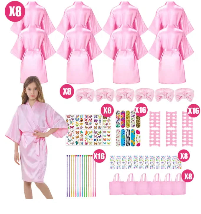 6-15Pcs Spa Party Robes for Girls Supplies Favors Kids Gowns Robe Soft Spa Headband Sleepover Birthday Party