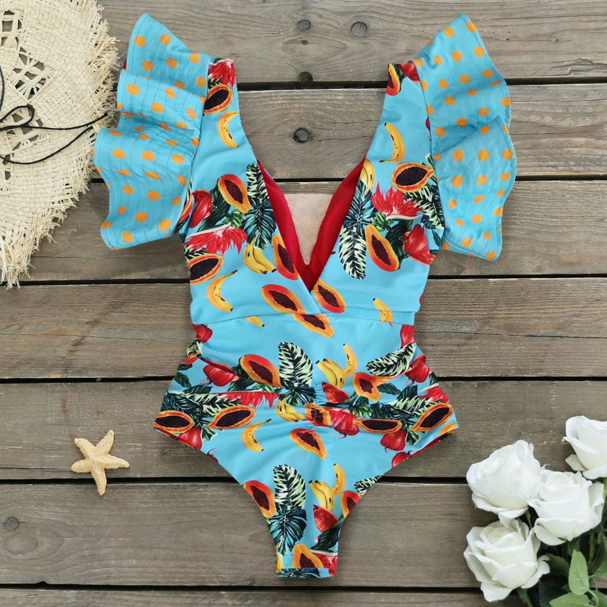 Sexy Ruffle Shoulder Swimsuit V-Neck Swimwear Women Backless Push Up Bathing SuitBeach Wear 2024 Female Swimming Suit