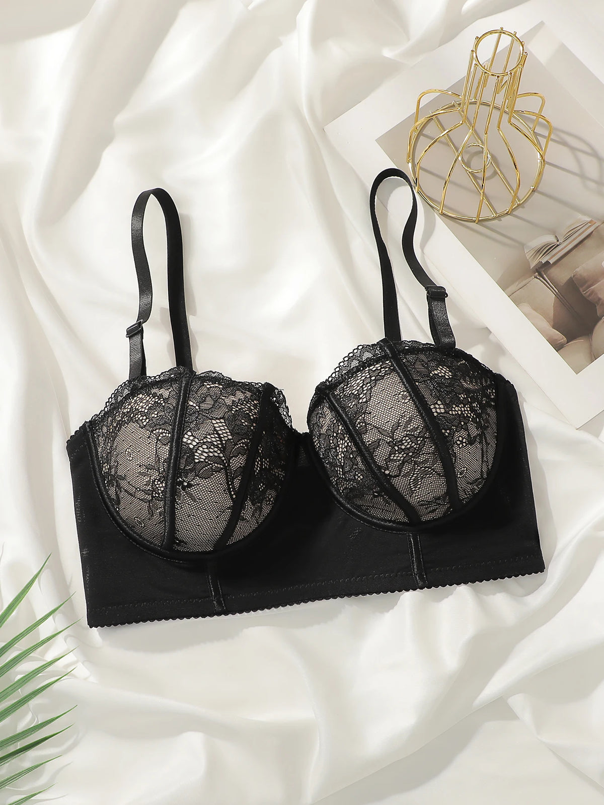 Women Longline Lace Bra Underwire Floral Sheer Mesh Adjustable Thin Straps Sexy Shapewear Corset Daily Lingerie Black L2380