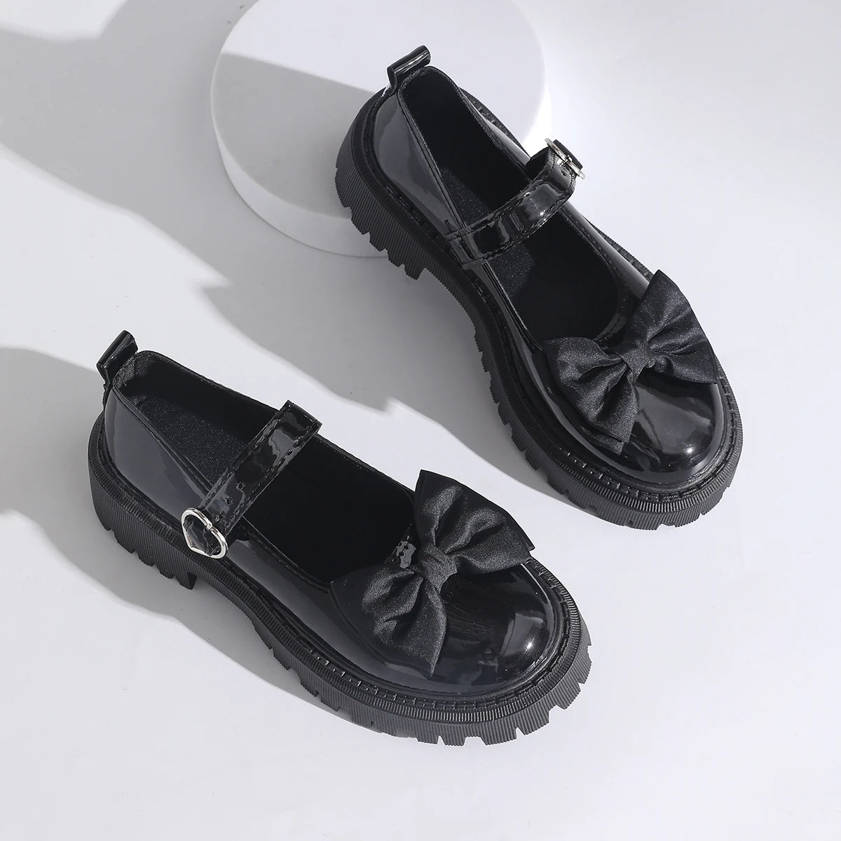 Women Bow Mary Janes Faux Patent Leather Heart‑Buckle Lug‑Sole Round‑Toe Sweet Preppy JK Platform Casual Daily Shoes