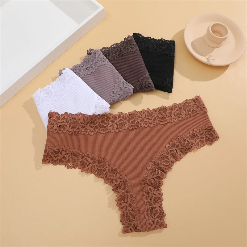 3Pcs Women Cotton Brazilian Pants Sexy Lace Brazilian Briefs Low Waist Floral Solid Color G-string Breathable Soft Lingerie