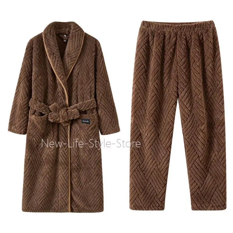Men Women Jacquard Coral Fleece Bathrobe Autumn Winter Thick Warm Couple Sleepwear Soft Plush Loose Indoor Home Loungewear