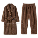 Men Women Jacquard Coral Fleece Bathrobe Autumn Winter Thick Warm Couple Sleepwear Soft Plush Loose Indoor Home Loungewear