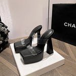Black White Chunky Platform Slippers Women Street Sexy Square Toe Super High Heels Transparent Shoes Sandals Zapatos Mujer