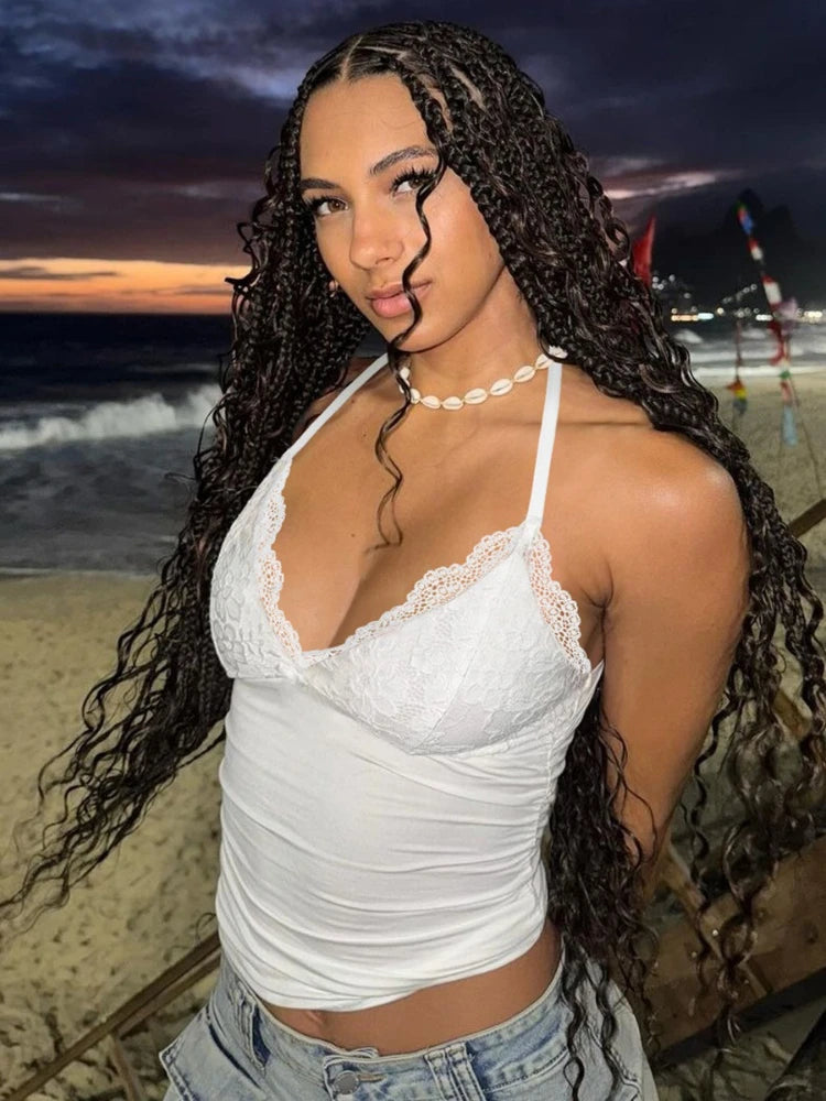 FDYOUI Woman Clothing Lace Patchhwork Camisoles Top Y2K Streetwear Sexy Halter Neck Bandage Cropped T-shirt Female Corset Tops