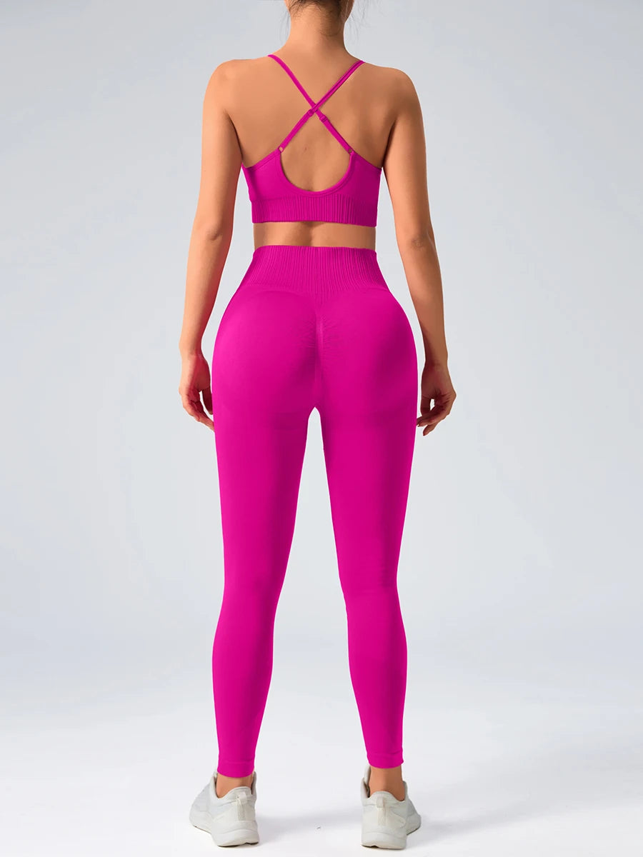 2 pcs/set Seamless Tight Pants Set Rose Red Tank Top Outfit Women's Clothing BreathableTrousersAthleisure Fitness Pants