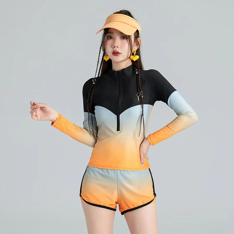 Long Sleeve Rash Guard Women Colorblock Two Piece Swimsuit Crop Top Swimwear High Neck Bathing Suits Zipper Surfing Suits Shorts