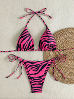 Women's Bikini Set, Two-Piece Sexy Swimsuit, Rose Red and Black Zebra Print, Side Tie Briefs, Lace-Up Triangle Bag