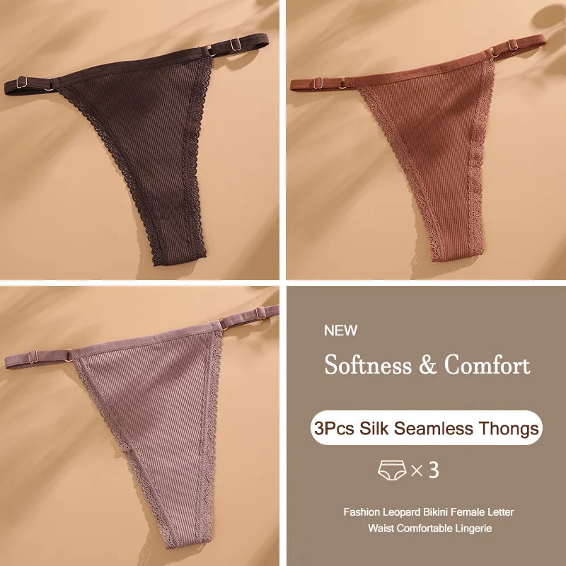 3Pcs G-String Cotton Sexy Women Thongs Adjustable Belt Seamless Panties Breathable Low Waist Lingerie Female Soft Solid Color