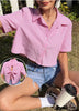 Y2K Style Pink Striped Crop Blouse for Women Short Sleeve Lapel Button-Up Women's Shirt Back Tie Top Lady Summer Casual Outfit