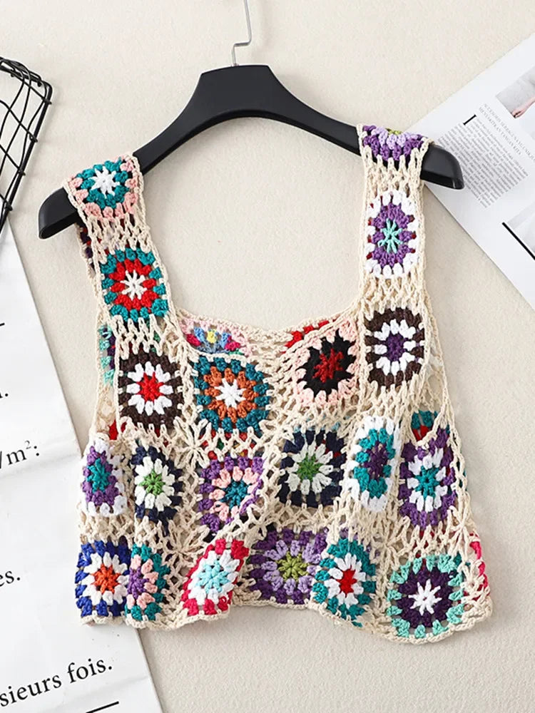 Summer Women Flower Crochet Vest Sleeveless Cover-ups Hollow Out Knit Crop Tops Bohemian Casual Daily Beach Tank Tops