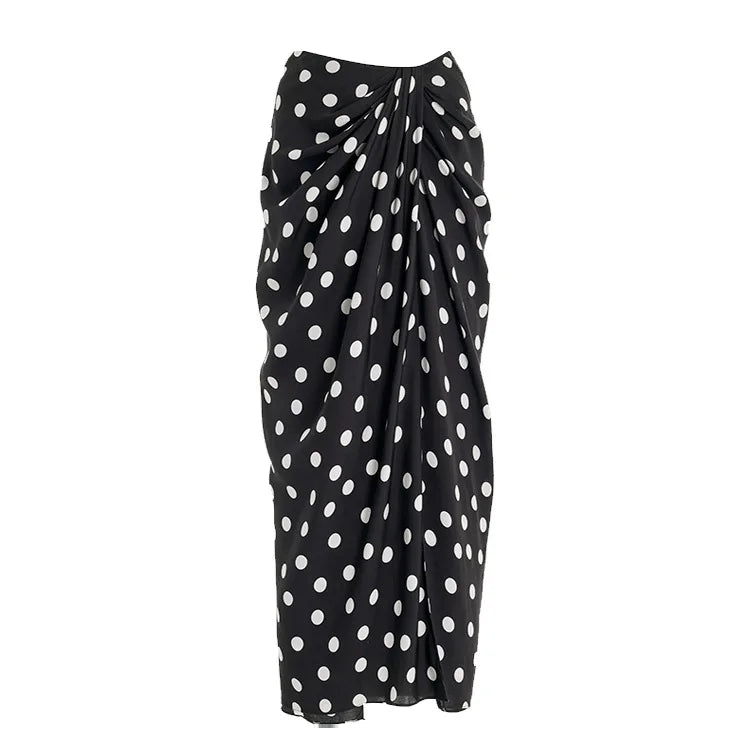 Black Dot Print One Piece Swimsuit Pleate Long Skirt Set 2026 Women Vintage Bandeau Ruffle Push Up Bathing Suit Holiday Swimwear