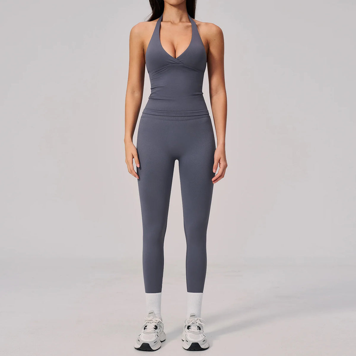 Summer Seamless Yoga Sets Women V Neck Slim Sports Tank Top Fitness Suit Peach Hip High Elasticity Leggings Running Tracksuit
