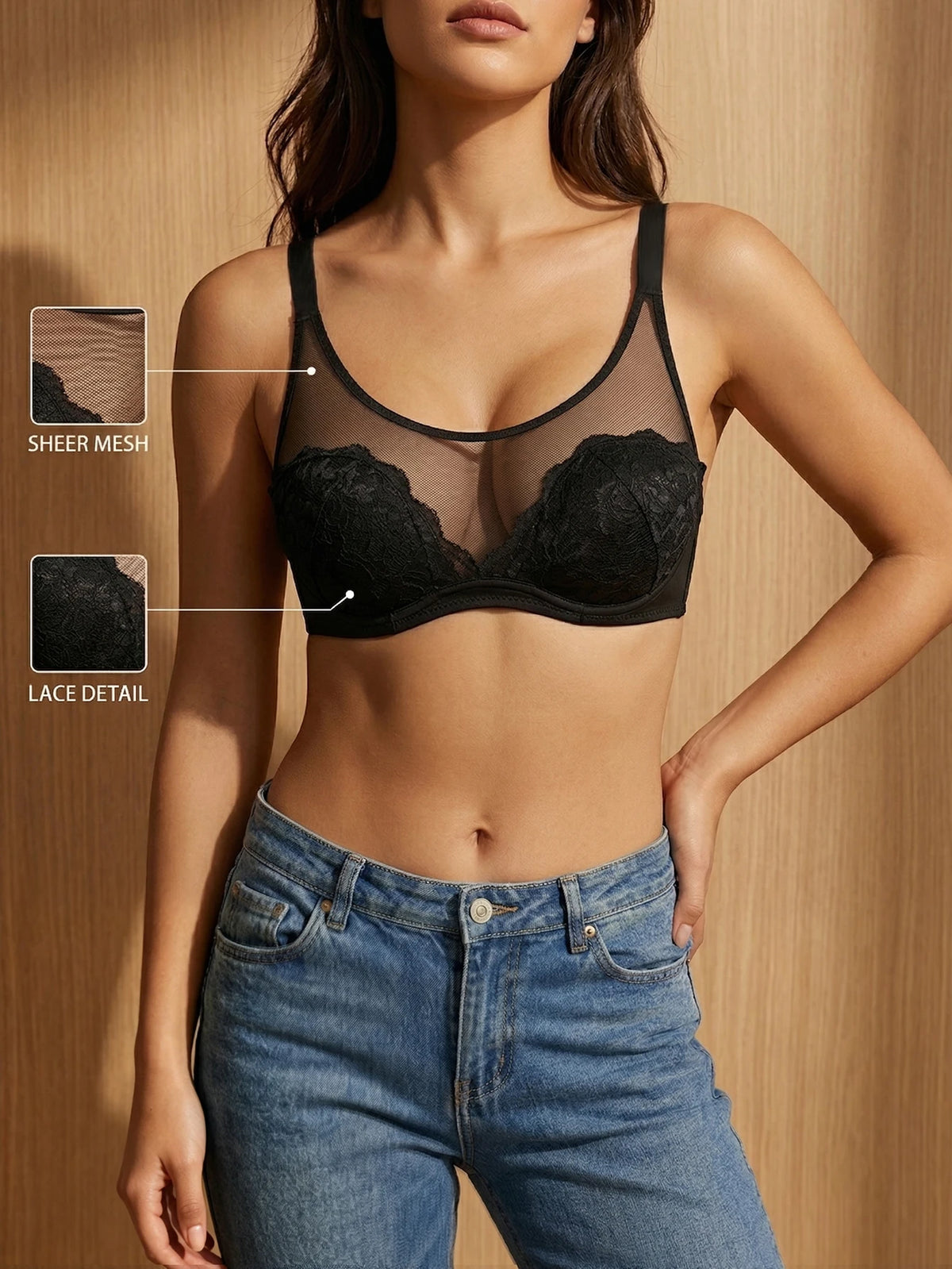 Women Sheer Mesh Lace Bra Floral Thin Cup Underwire Sexy Bra Side Support Slimming Breathable Lingerie