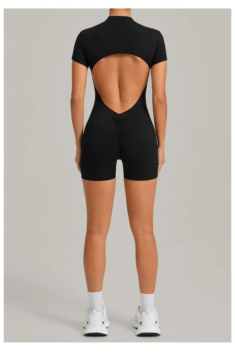 Women's Seamless Yoga Jumpsuits Sports Fitness Beauty Back Slim Fit Short-Sleeves One-Piece Workout Gym Training Bodysuits