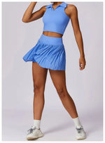 Outdoor Breathable Golf Wear Tennis Sport Sets Women Turn Down Collar Sleeveless Top Short 2 in 1 Skirt Running Fitness Set
