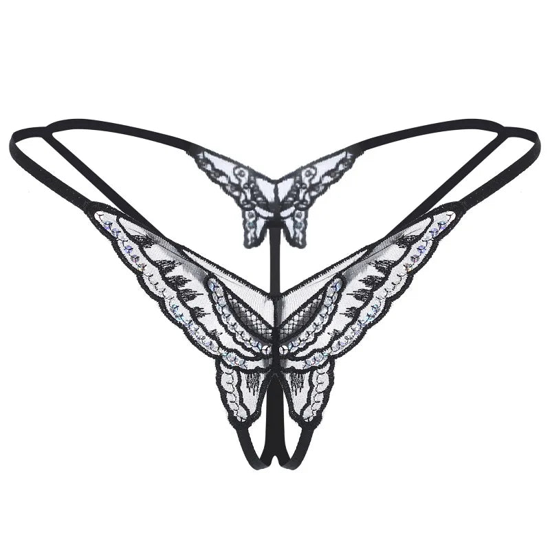 Double-Layer Thin Strap Sexy Thong Butterfly Embroidery Low Waist Sexy Bikini Pure Lace Sequins T-Shaped Panties Sexy G-strings