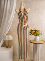 Bohemia Style Coffee Striped Bikini Set 2026 Women Cover Up+Long Skirt 4 Piece Swimsuit Summer Holiday Bathing Suit Swimwear