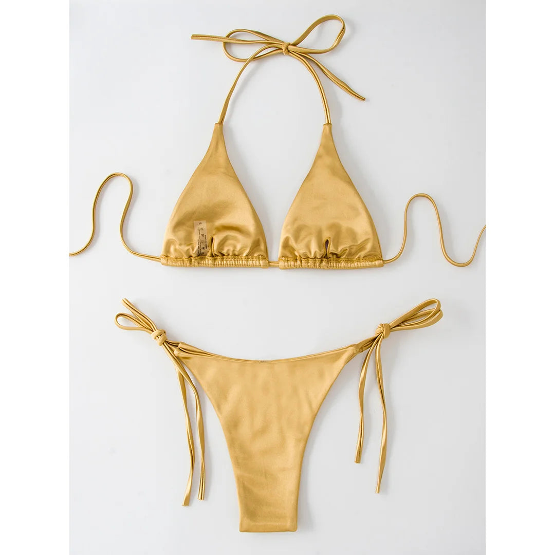 Sexy 13 Colors Halter Satin Brazilian Bikini Women Swimwear Female Swimsuit Two-pieces Bikini set Bather Bathing Suit Swim V4966