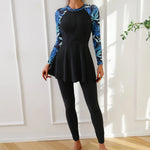 Muslim Swimwear Burkini Sets for Women Black Floral Print Zipper Long Sleeve Top Long Panties Sports Swimsuit Bathing Suit