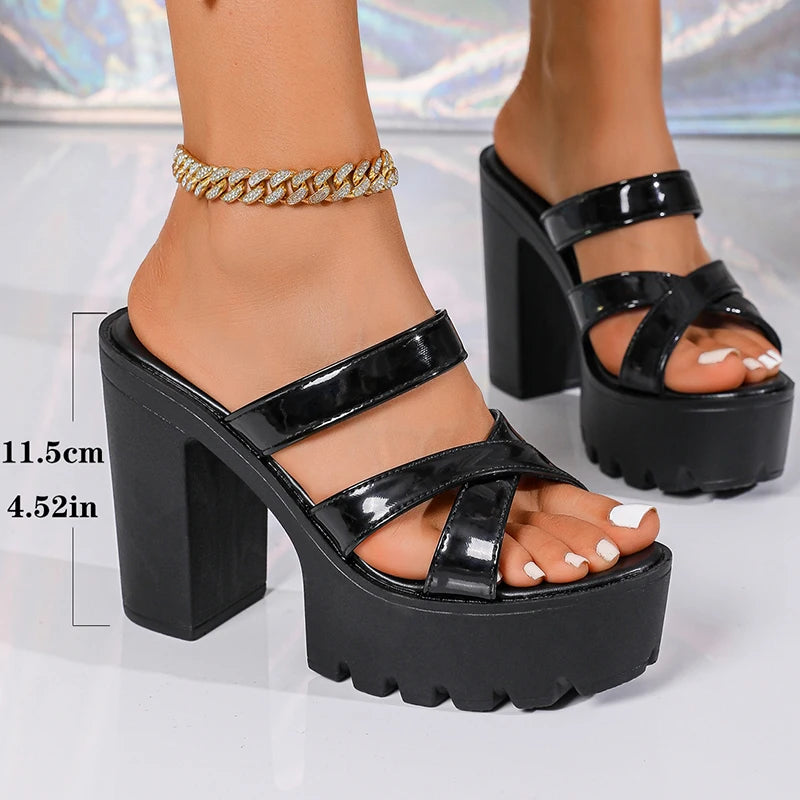 Street Cross Strap Pu Leather Slippers Women Fashion Slip On Thick Sole Sandals Woman Summer New Open Toe Wedding Slides Female