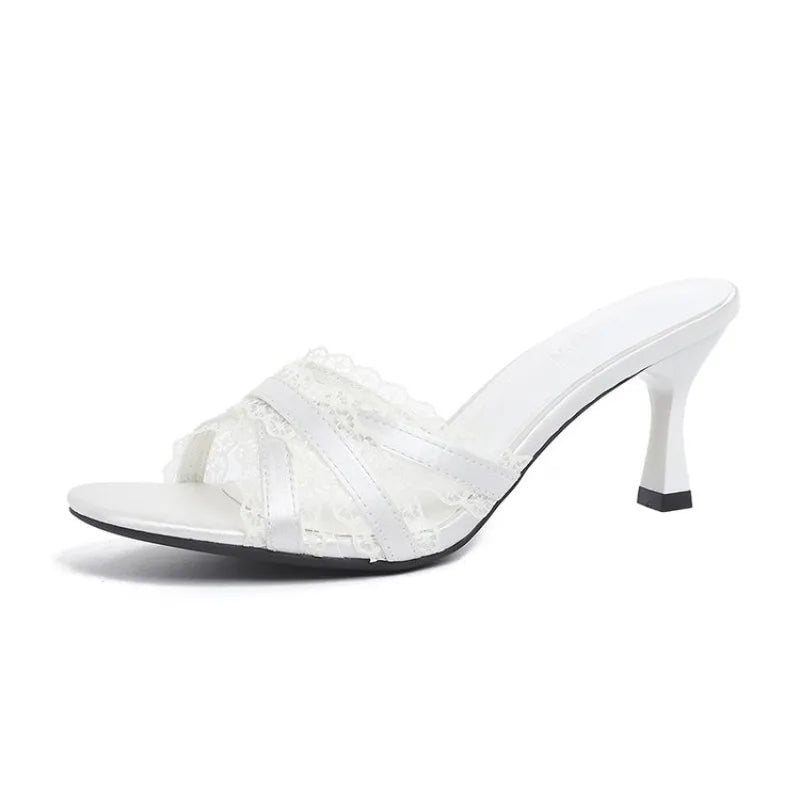High Heel Sandals Lace Slippers Women Summer Sexy Wedding Shoes Party Single Shoes