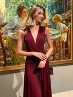 FDYOUI Womens Chic V-neck Sleeveless Pleated Long Maxi Holiday Dress Ladies Summer High Waist Tunics Solid Evening Party Dresses