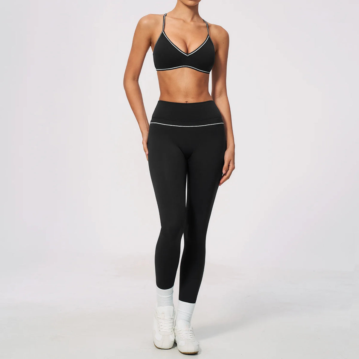 New Yoga Suit Women Color Blocked V-neck I Shape Sports Bra Fitness Clothes Summer Tight Running High Waist Leggings Tracksuit