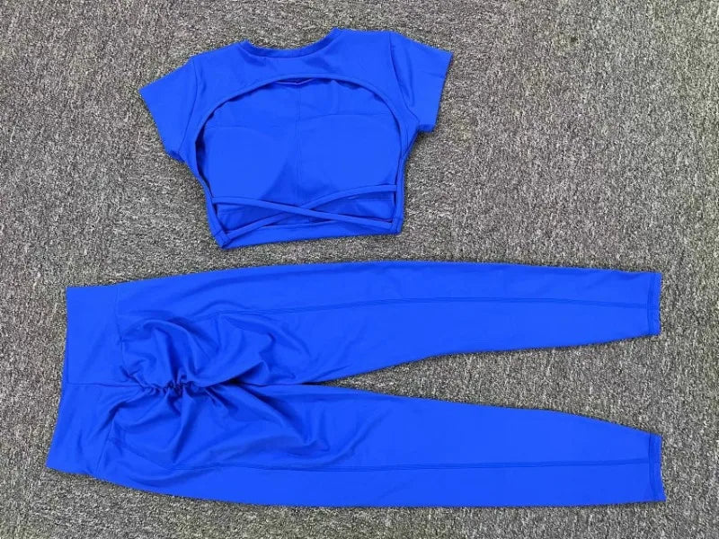 Women's Yoga Sets 2 Piece High Waist Hip Lift Leggings with Cross Back Sports Bra Seamless Workout Clothes Fitness Gym Wear Set