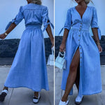 Women's Denim Long Dress Short Sleeve V-Neck Button Down Maxi Dress Casual Jean Dress for Spring Summer