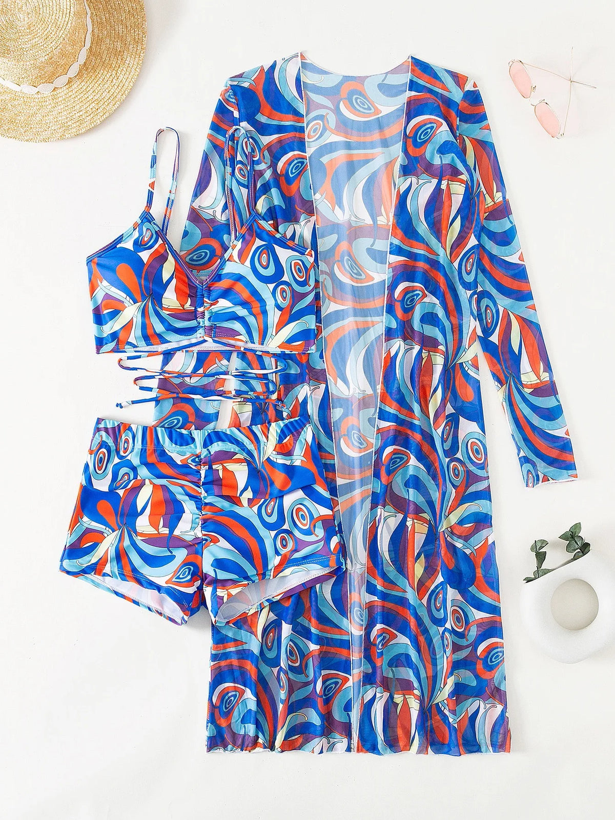 3 Pieces Sexy Print Bikini 2026 Women High Waist Swimsuit & Kimono Swimwear Female Lady Bathing Suit Swimming Summer Beachwear