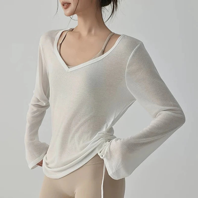 Women's Yoga Sports T-Shirt Drawstring Light Thin Loose Fit Irregular Hem Long Sleeve Fitness Cover Shirt