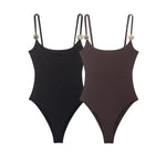 Black And Brown Spaghetti Strap Bodysuits With Rose Gold Button Decor Elegant Slim Fit Shapewear For Women Nightclub Wear 4UMT