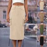 Womens Cargo Midi Skirt High Waist Multi Pocket Pencil Skirt Side Drawstring Ruched Split Hem Bodycon Summer Skirts Streetwear